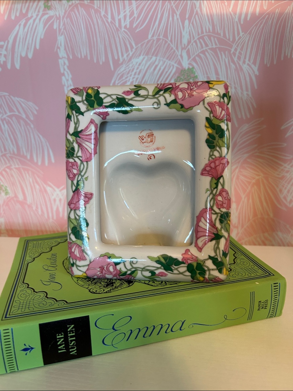 Vintage Chinoiserie Pink Green  Floral Ceramic Picture Frame